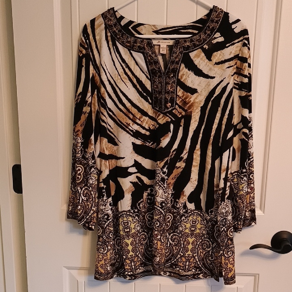 Woman's JM Collection Black and Tan Zebra Print Tunic, Size Large